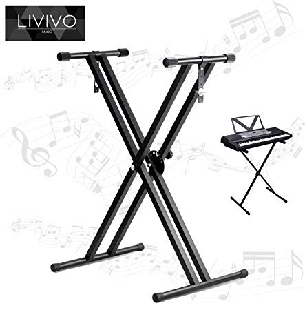 LIVIVO Folding Height Adjustable Double Braced X Frame Electric Keyboard Stand with Support Straps