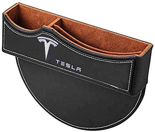 Car Seat Gap Filler Premium PU Full Leather Seat Console Organizer, Car Seat Storage Box For Tesla Model 3.Model Y,Model X,Model S (Black) (1-Pack)
