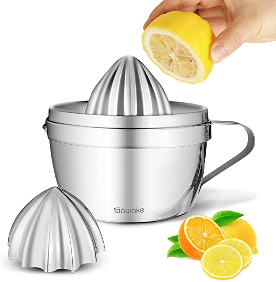 SAWAKE Manual Citrus Lemon Lime Orange Juicer, 304 Stainless Steel Hand Press Fruit Juice Squeezer with 16 OZ Measuring Cup, 2 Reamers, Easy Pour Spout, Dishwasher Safe