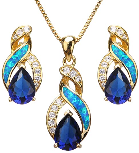 Hermosa Jewelry Sets Australian Opal Blue Sapphire Necklace Earrings