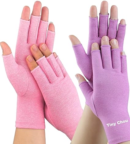 Tiny Chou 2 Pairs Compression Gloves for Women Men, Fingerless Arthritis Gloves Support and Warmth for Hands, Finger Joint, Relieve Pain from Rheumatoid, Osteoarthritis (Pink1 Purple1, Medium-2pairs)