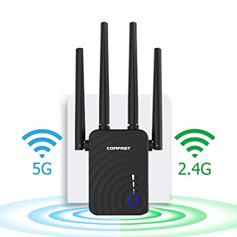 COMFAST 1200Mbps WiFi Range Extender WiFi Booster Dual Band (2.4GHz 300Mbps 5.8GHz 867Mbps) Wireless Repeater/Access Point/Router with 4 External Antennas, Ethernet Port, WPS, LED (CF-WR754AC)