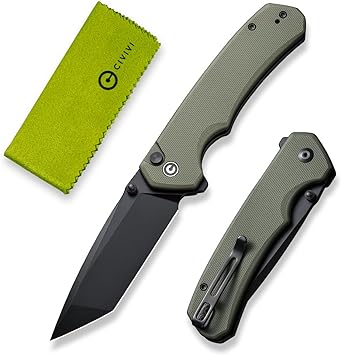 CIVIVI Brazen Folding Knife, Button Lock Pocket Knife with 3.46'' Swedish 14C28N Tanto Blade, Ultra-Grip G10 Handle, Low Profile Clip for EDC C19059C-2 (OD Green)