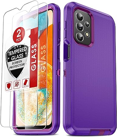 LeYi Samsung Galaxy A23 Case, Samsung A23 Case with [2 Pack] Tempered Glass Screen Protectors, 3 in 1 Full Body Shockproof Rubber Dustproof Rugged Defender Protection Case Galaxy A23, Rose Red/Puple