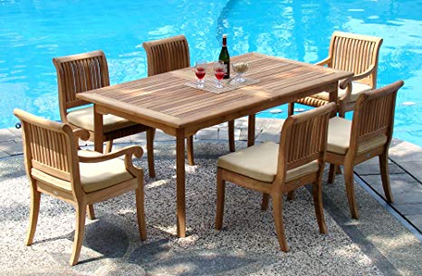 New 7 Pc Luxurious Grade-A Teak Dining Set - 94" Double Extension Rectangle Table & 6 Giva Chairs (4 Armless & 2 Arm / Captain)