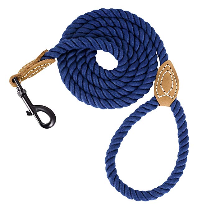 Mile High Life Braided Cotton Rope Leash with Leather Tailor Handle and Heavy Duty Metal Sturdy Clasp (4/5/6 FEET)