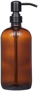 Amber Glass Jar Soap Dispenser with Matte Black Pump,16oz Round Bottle Dispenser with Stainless Steel Pump, Bathroom Soap Dispenser Set for Home Decor, Farmhouse & Kitchen Decor (Matte Black)