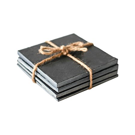 Square Cut Slate Coasters by EMEMO - Set of 4 Unique 4"x4", Handmade Coasters For Drinks, Beverages, Wine Glasses - Elegant Look & Unmatched Furniture Protection - Made Of Genuine Black Slate