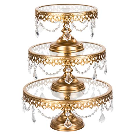 Victoria Gold Cake Stand Set of 3, Round Glass Plate Metal Dessert Cupcake Pedestal Wedding Party Display with Crystals