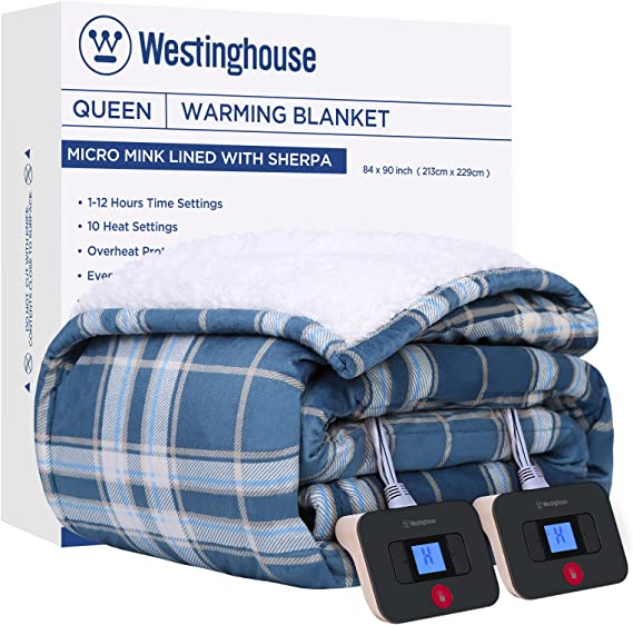 Westinghouse Electric Blanket Heated Blanket, Plaid Sherpa Heating Blanket, 10 Heat Settings & 1-12 Hours Time Settings, Teal Plaid, 84" x 90" Queen Size