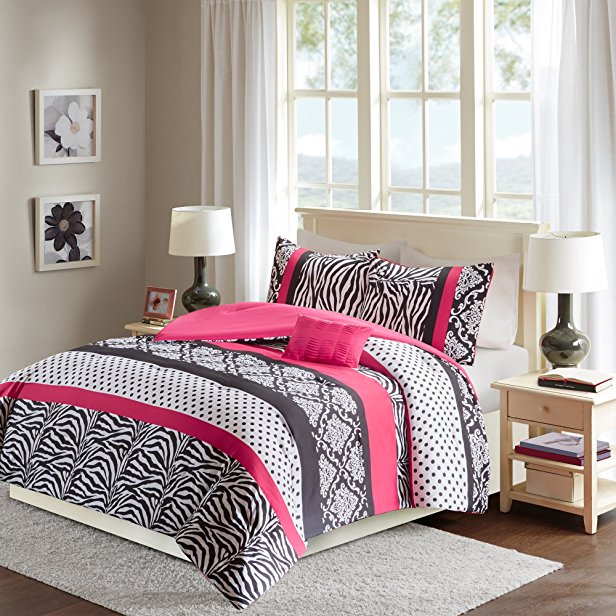 Comfort Spaces - Sally Comforter Set - 4 Piece - Hot Pink & Black - Zebra, Damask, Polka dot print - Queen Size, includes 1 Comforter, 2 Shams, 1 Decorative Pillow