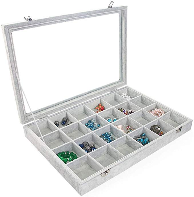 Penxina Ice Velvet 24 Grid Jewelry Tray Box Jewelry Earring Bracelet Display Case Organizer Glass Top Lid & Lock