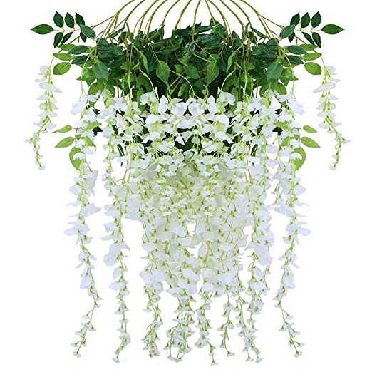 Supla 12 Piece Artificial White Faux Wisteria Vine Rattan Silk Hanging String Flower Arrangements Bridal Home DIY Floor Garden Office Wedding Decor