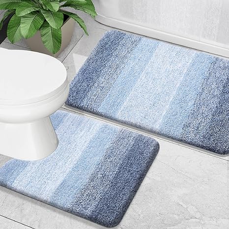 OLANLY Luxury Bathroom Rug Set 2 Piece, Soft Absorbent Microfiber Bath Rugs and U-Shaped Contour Toilet Rug, Non-Slip Bath Carpet, Machine Wash Dry, Bath Mats for Bathroom (30"x20" 24"x20", Blue)