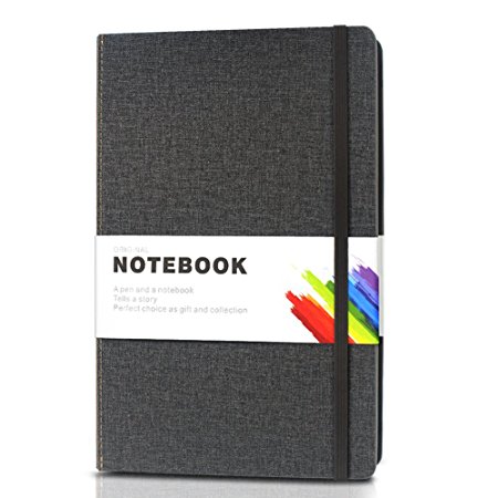 Hardcover Notebook - A5 College Ruled Thick Classic Writing Notebook with Pocket Elastic Closure Banded, Large, Bookmark Leather Notebooks 100 Sheets/200 Pages, 8.4 x 5.7, 25 Lines (Grey)