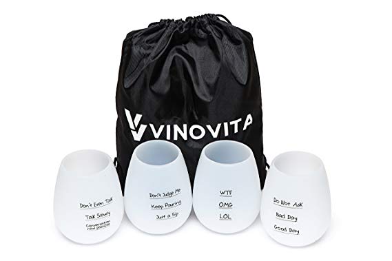 Silicone Wine Glasses (Set of 4) with Bag by Vinovita | Unbreakable Rubber Drinking Cups | Elegant with Cool Written Messages | Durable and BPA Free | Great for Outdoor Parties, Beach, Camping | 12 oz