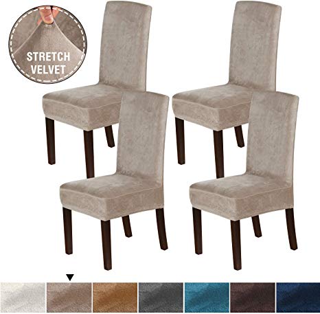 H.VERSAILTEX 4PCS Real Velvet Dining Room Chair Slipcovers Super Stretch Spill Resistant Removable Washable Anti-Dust High Dining Chair Protectors Slipcovers Dining Chair Covers(Taupe)
