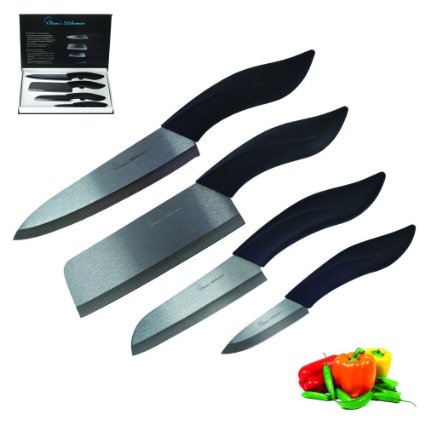 Ceramic Knife - Mama's Kitchenware Professional 4-Piece Ceramic Knife Set with Black Handles & Blades in Luxurious Gift Box
