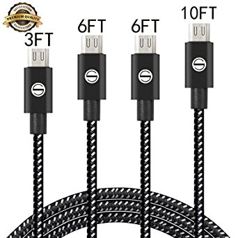 SGIN Micro USB Cable,4-Pack 3FT 6FT 6FT 10FT Nylon Braided Charging Cord - Extra Long USB 2.2 Sync and Charge for Android Devices, Samsung Galaxy, Sony, Motorola Nokia,and More(Black White)