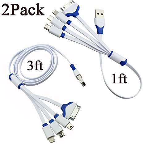 Multi USB Charging Cable,ThinkANT 2Pack [3ft 1ft] 4 in 1 Multiple USB Charger Cable Cord Adapter with 8Pin Lightning / 30 Pin / Micro USB / Mini USB Connectors Ports for iPhone 7 6S 6 Plus SE 5S 5C 5, 4S 4, iPad 4 3 2, iPad Mini Air Pro, iPod, Samsung Android and More