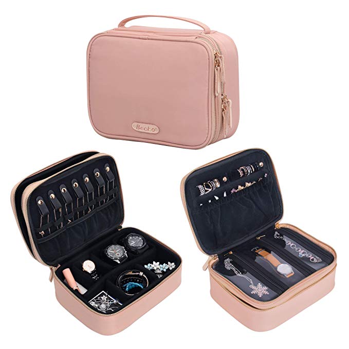 Becko Double Layer Jewelry Organizer Roll Travel Jewel Bag case for Multiple Necklaces, Rings, Bracelets, Large Capacity Without Crease, Lightweight, Portable & Practical - Pink