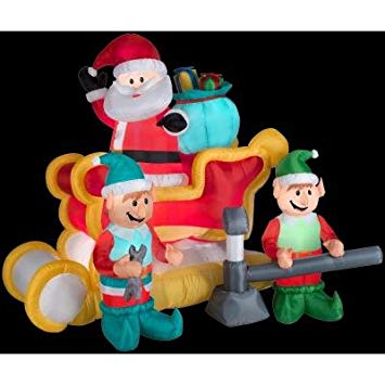 Gemmy Animated Airblown Inflatable Santa in a Broken Down Sleigh with Two Elves Jacking It Up - Indoor Outdoor Decorations, 6-foot wide x 5.5-foot tall x 4-foot deep