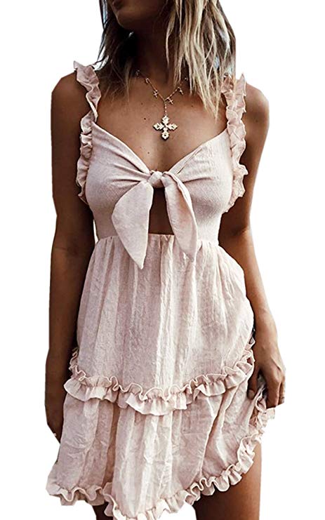 Angashion Women's Dresses-Summer V Neck Ruffle Spaghetti Strap Tie Knot Front Skater Mini Cotton Dress