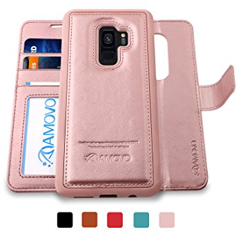 AMOVO Galaxy S9 Case [2 in 1], Samsung Galaxy S9 Wallet Case [Detachable Wallet Folio] [Premium Vegan Leather] Samsung S9 Flip Case Cover with Gift Box Package (RoseGold, S9)