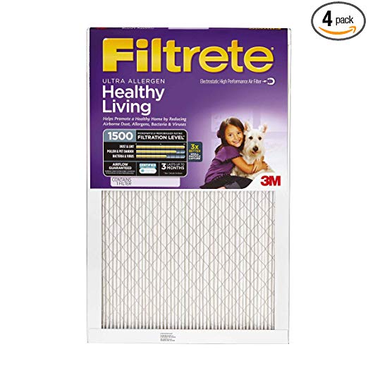 Filtrete MPR 1500 20 x 20 x 1 Healthy Living Ultra Allergen Reduction HVAC Air Filter, Delivers Cleaner Air Throughout Your Home, Guaranteed Airflow up to 90 days, 4-Pack