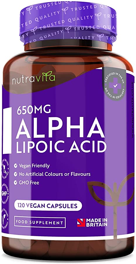 Alpha Lipoic Acid 650mg – 120 High Strength Vegan-Friendly Capsules – 100% Natural, No Synthetic Binders or Fillers – 4 Month Supply – Made in The UK by Nutravita