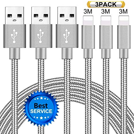 SGIN Phone Cable,[3 Pack 3m] High Speed USB Phone Charger Cable Sync Lead, Nylon Braided USB Fast Phone Charger Wire Compatible with Phone X/8/8 Plus/7/7 Plus/6S/6S Plus/6/6 Plus/SE/5S/5C/Pad (Gray)