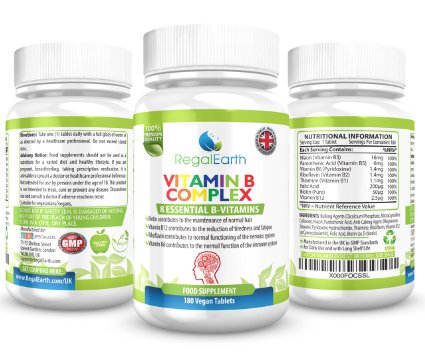 Vitamin B Complex - 180 Vegetarian Tablets - 8 Essential Vitamins 6 Months Supply Supplement - Supports Hair Nervous System Immune System Reduction of Fatigue - Suitable for Vegetarians and Vegans - All Strong Super B Vitamins Complex - B1 B2 B3 B5 B6 B12 Biotin Folic Acid - Money Back Guarantee - Made in the UK