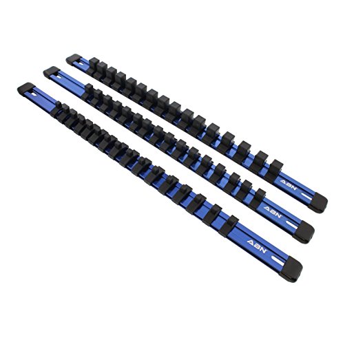 ABN Blue Aluminum SAE Socket Holder Rail 3-Piece Set – 1/4”, 3/8”, 1/2" Inch Socket Rails and 16 Clips Tool Organizer