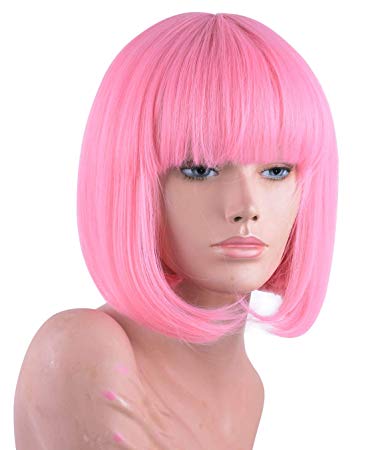 Annivia Pink Short Bob Wig with Bangs for Women 12'' Heat Resistant Synthetic Straight Wigs with Bangs Halloween Cosplay Party Wig Natural As Real Hair (Pink)