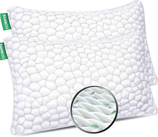 Bamboo Bed Pillows for Sleeping 2 Pack Shredded Memory Foam Pillows Adjustable Pillow for Side Back Stomach Sleepers - Luxury Gel Pillows Queen Size Set of 2 with Washable Removable Cover