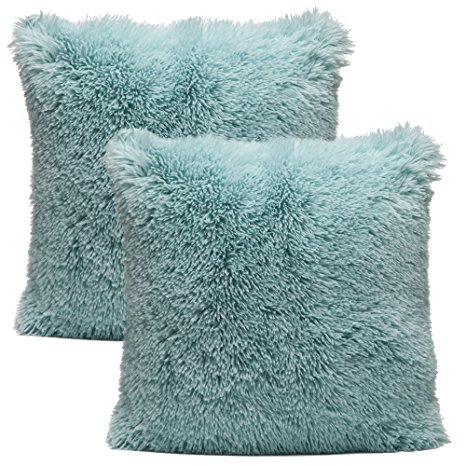 Chanasya Super Soft Long Shaggy Chic Fuzzy Faux Fur Warm Elegent Cozy Aqua Blue Throw Pillow Cover Pillow Sham - Solid Turquoise Fur Throw Pillowcase 18x18 Inches 2-Pack(Pillow Insert Not Included)