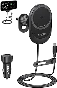 Anker MagSafe Wireless Car Charger Compatible, MagGo Fast 15W Car Charger, 360° Adjustable Angle and Strong Magnets, Car Phone Holder Mount, For iPhone 15/14 Series (Cable and Adapter Included)