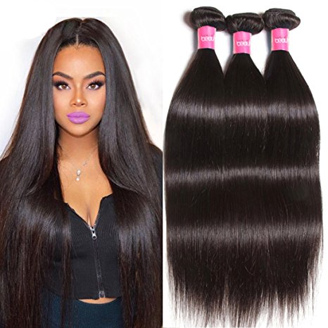 Longqi Beauty Top Quality Brazilian Virgin Straight Hair 3 BundleS Remy Silky Straight Hair Weave (10 12 14inch, Natural Color)