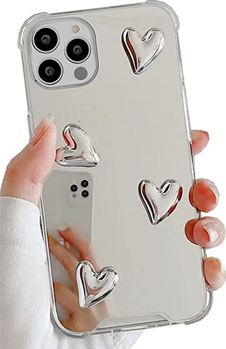Shinymore iPhone 12 12 Pro Mirror Case Flexible Cute Heart Soft Silicone Clear Makeup Mirror Women Girls Shockproof Protect Cover Case for iPhone 12 iPhone 12 Pro