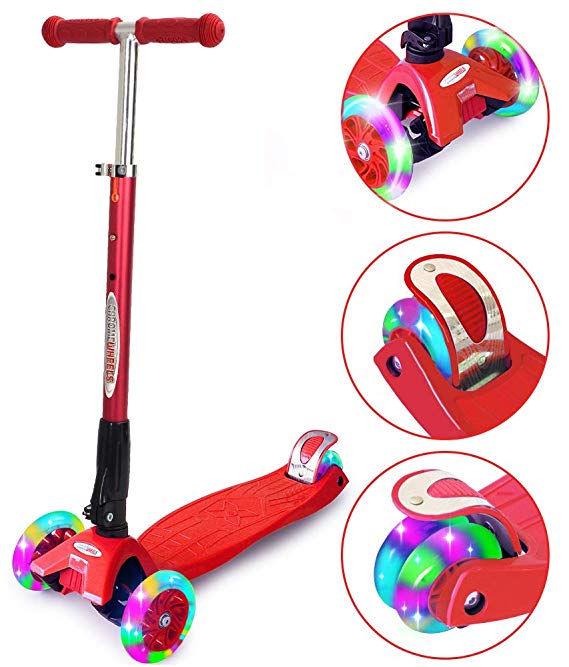 ChromeWheels Scooters for Kids, Deluxe Kick Scooter Foldable 4 Adjustable Height 150lb Weight Limit 3 Wheel, Lean to Steer LED Light Up Wheels, Best Gifts for Girls Boys Age 3-12 Year Old