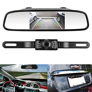 Rear view Backup Camera and Monitor Kit,LeeKooLuu 4.3" Mirror Monitor for DVD/VCR/Car Reverse Camera   CMOS Rear-view License Plate Car Rear Backup Parking Camera 7 LED Night Vision Guild lines