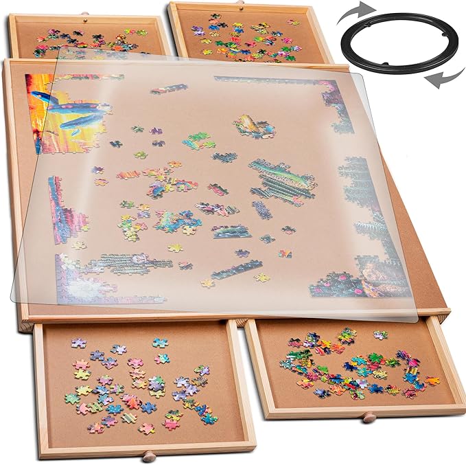 1000 Piece Rotating Wooden Jigsaw Puzzle Table - 4 Drawers, Puzzle Board with Puzzle Cover | 22 1/4” x 30" Jigsaw Puzzle Board Portable - Portable Puzzle Table