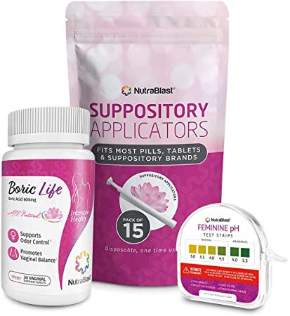 NutraBlast Boric Acid Suppositories 600mg (30 Count) w/NutraBlast Disposable Vaginal Suppository Applicators (15-Pack) and Feminine pH Test Strips 1-14 (100 Tests Roll)