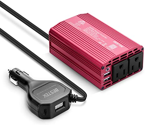 BESTEK 300W Power Inverter for Car, Inverter DC 12V to 110V AC Converter Car Outlet Adapter with USB-C PD Cigarette Lighter Plug, 2 AC Charger Outlets and Dual 2.4A USB Ports Total 4.8A Output, Red