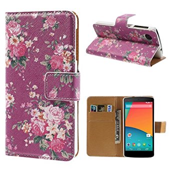 Slick Shell Flower Rose Virbant Peony Wallet with Stand and Credit Card/Money Slot for Google Nexus 5