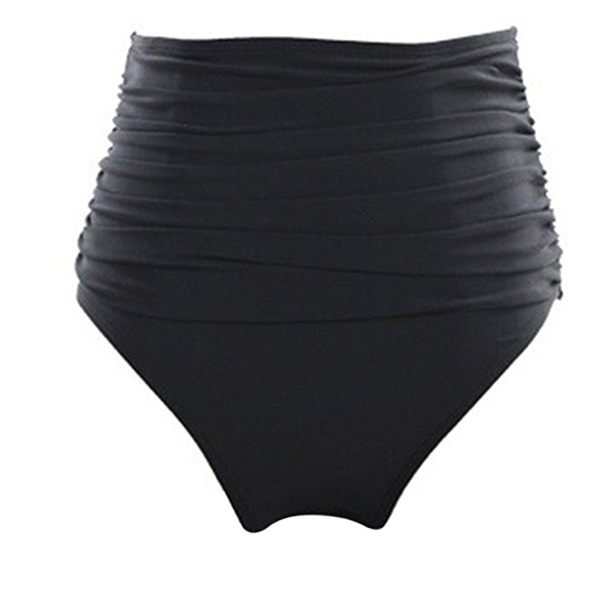 iBaste Women's High Waisted Bikini Bottoms Shirred Tankini Briefs Tummy Control Swim Shorts Black