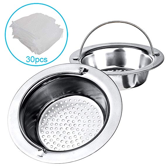 2PCS Sink Strainer With 30PCS Sink Strainer Bags, Upgraded Kitchen Sink Filter with Handle and Edge Protection, 4.3" Diameter