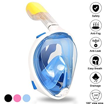 Kekilo 180° Full Face Snorkel Mask Easy Breath Anti-Fog/Anti-Leak Snorkeling Mask with Adjustable Head Straps, with longer Snorkeling Tube, Free Breathing Tubeless Design