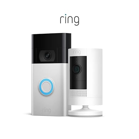 Ring Video Doorbell, Satin Nickel bundle with Ring Stick Up Cam Battery, White