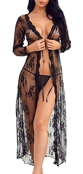 Women Lingerie Robe Long Lace Dress Sheer Gown See Through Kimono Cover Up